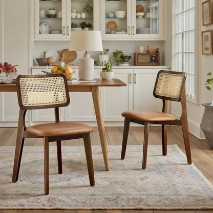 Art Leon Cane Backrest Leather Dining Chairs (Set of 2)