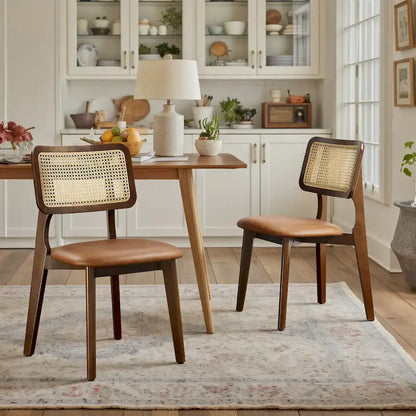 Art Leon Cane Backrest Leather Dining Chairs (Set of 2)
