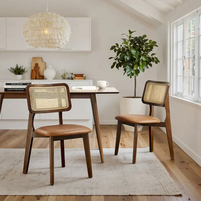 Art Leon Cane Backrest Leather Dining Chairs (Set of 2)