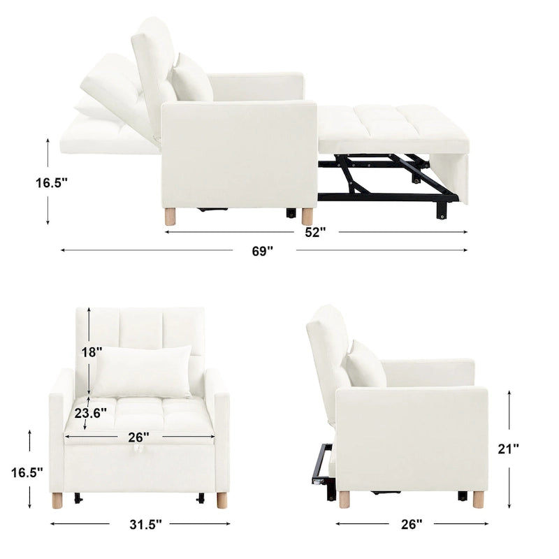 3-in-1 Convertible Sleeper Sofa Lounge Chair Bed, Black
