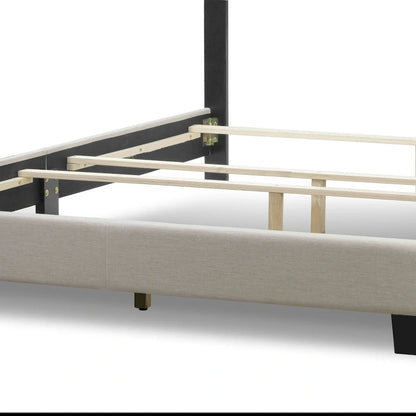 Arin Beige Fabric Queen Bed with Button Tufting and Black Nail Head