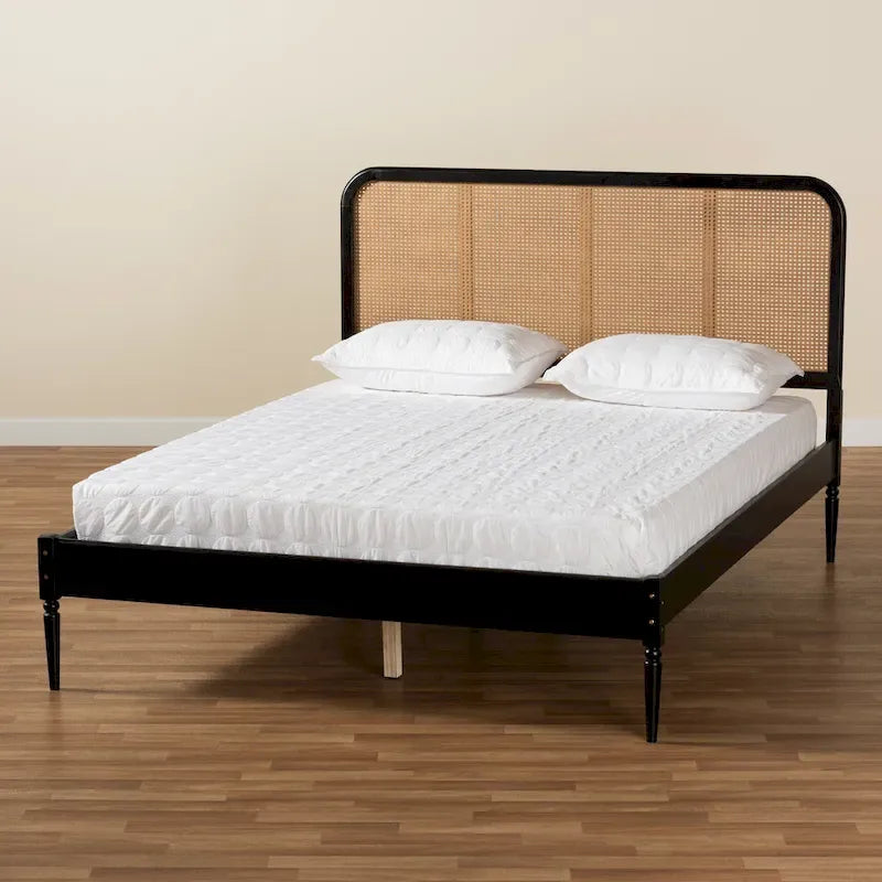 Elston Mid-Century Modern Synthetic Rattan Wood Platform Bed -Charcoal