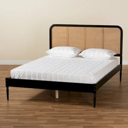 Elston Mid-Century Modern Synthetic Rattan Wood Platform Bed -Charcoal
