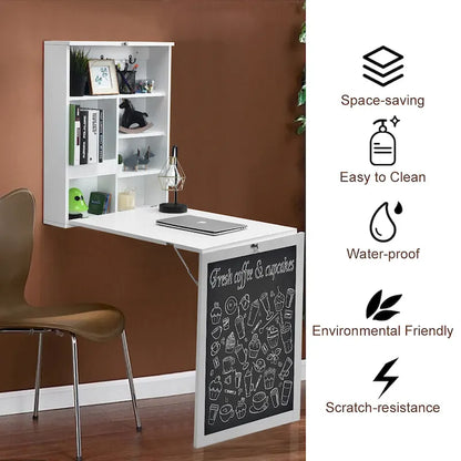 Foldable Wall Mounted Table Convertible Desk with Blackboard Shelves
