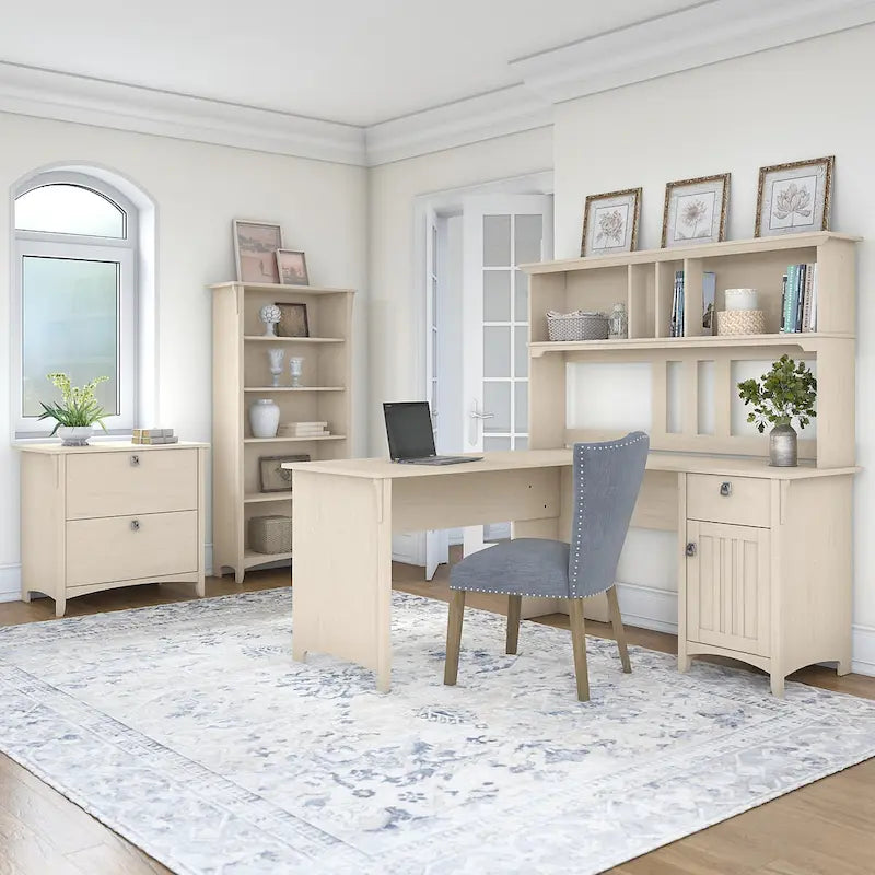 Bush Furniture Salinas 60W L Shaped Desk Office Suite in Antique White