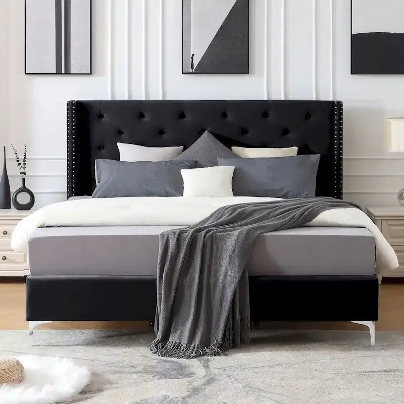 Morden Fort Queen Size Velvet Upholstered Platform Bed Frame with 6 inches Metal Legs
