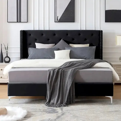 Morden Fort Queen Size Velvet Upholstered Platform Bed Frame with 6 inches Metal Legs