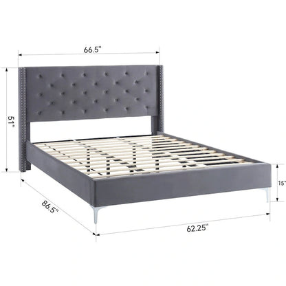 Morden Fort Queen Size Velvet Upholstered Platform Bed Frame with 6 inches Metal Legs