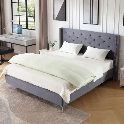 Morden Fort Queen Size Velvet Upholstered Platform Bed Frame with 6 inches Metal Legs