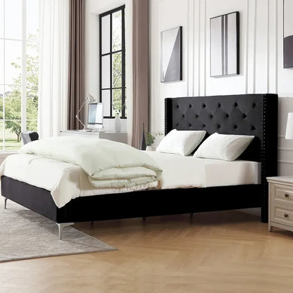 Morden Fort Queen Size Velvet Upholstered Platform Bed Frame with 6 inches Metal Legs