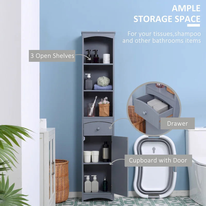 HOMCOM Bathroom Storage Cabinet, Free Standing Bath Storage Unit, Tall Linen Tower with 3-Tier Shelves and Drawer, Brown