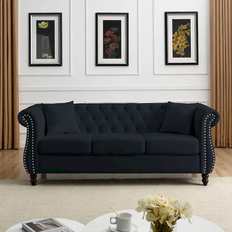 [Video] 80 Chesterfield Sofa Black Velvet for Living Room, 3 Seater Sofa Tufted Couch with Rolled Arms and Nailhead for Living