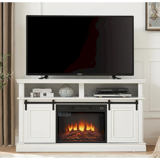 Media Console Table with Storage Cabinet, Mid Century Modern TV Console with 23 Fireplace Insert, Multipurpose Sliding Door TV
