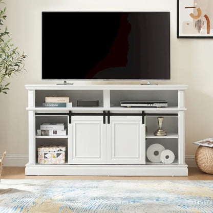 Media Console Table with Storage Cabinet, Mid Century Modern TV Console with 23 Fireplace Insert, Multipurpose Sliding Door TV