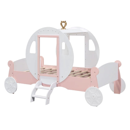 Twin size Princess Carriage Bed with Crown ,Wood Platform Car Bed with Stair,White+Pink