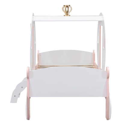Twin size Princess Carriage Bed with Crown ,Wood Platform Car Bed with Stair,White+Pink