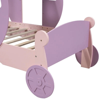 Twin size Princess Carriage Bed with Crown ,Wood Platform Car Bed with Stair,White+Pink
