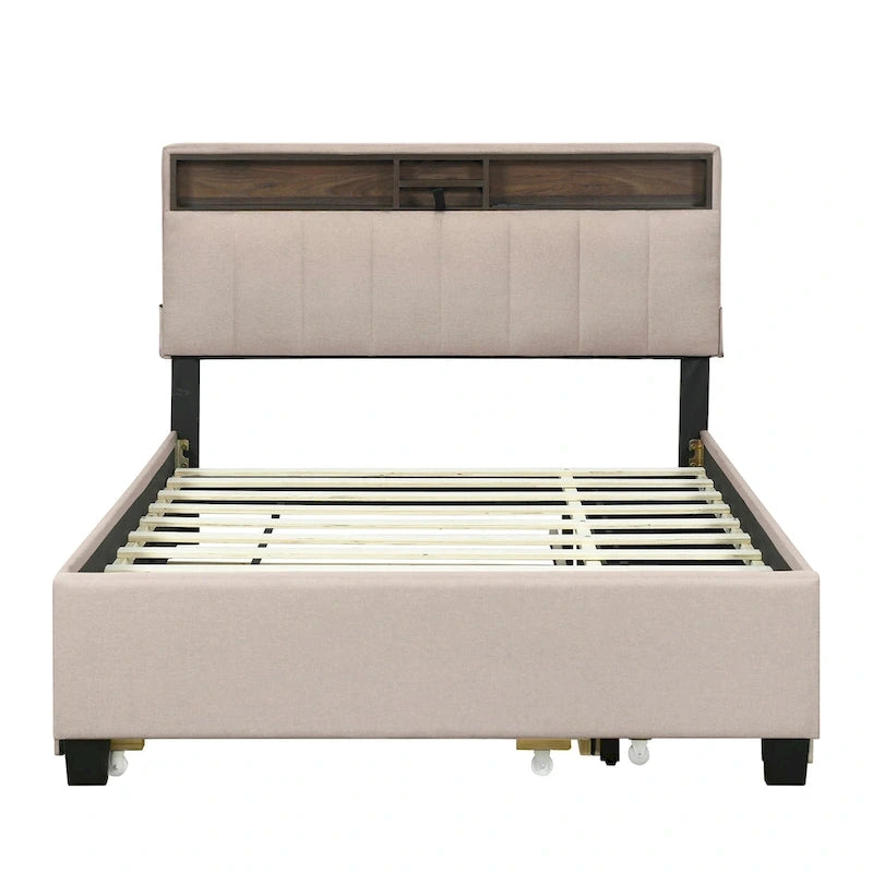 Full size Upholstered Platform Bed with Storage Headboard, Trundle & 2 drawers USB Ports, Linen, Beige