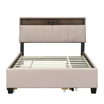 Full size Upholstered Platform Bed with Storage Headboard, Trundle & 2 drawers USB Ports, Linen, Beige