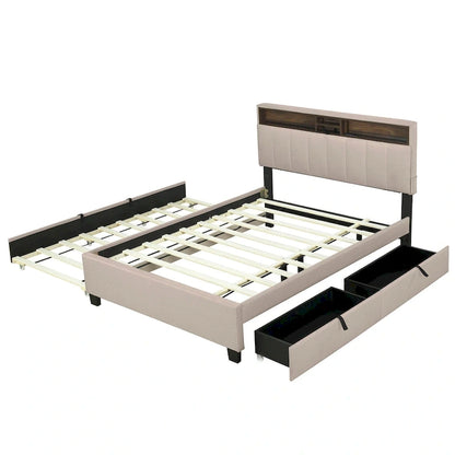 Full size Upholstered Platform Bed with Storage Headboard, Trundle & 2 drawers USB Ports, Linen, Beige