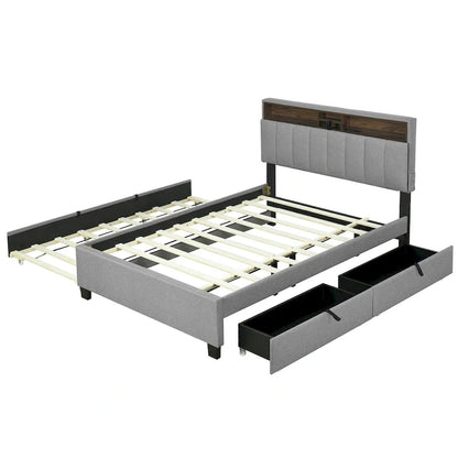 Full size Upholstered Platform Bed with Storage Headboard, Trundle & 2 drawers USB Ports, Linen, Beige