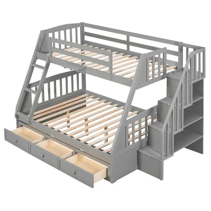 Twin-Over-Full Bunk Bed with Drawers_Ladder and Storage Staircase, Espresso