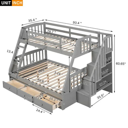 Twin-Over-Full Bunk Bed with Drawers_Ladder and Storage Staircase, Espresso