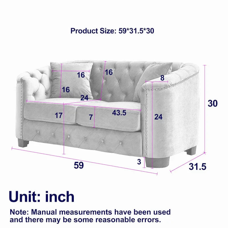 59-Inch Modern Chesterfield Velvet Sofa, 2-Seater Sofa, Upholstered Tufted Backrests with Nailhead Arms and 2 Cushions for Livin