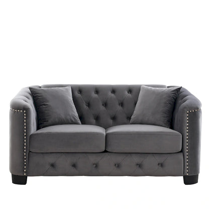59-Inch Modern Chesterfield Velvet Sofa, 2-Seater Sofa, Upholstered Tufted Backrests with Nailhead Arms and 2 Cushions for Livin