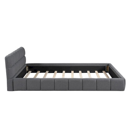 Queen Size Upholstered Platform Bed with Thick Fabric, Grounded Bed with Solid Frame, Beige