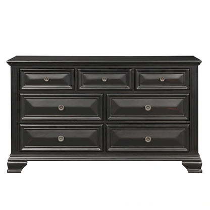 Roundhill Furniture Renova Vintage Black Wood Bedroom Set, Panel Bed, Dresser, Mirror, Two Nightstands