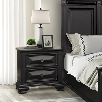 Roundhill Furniture Renova Vintage Black Wood Bedroom Set, Panel Bed, Dresser, Mirror, Two Nightstands