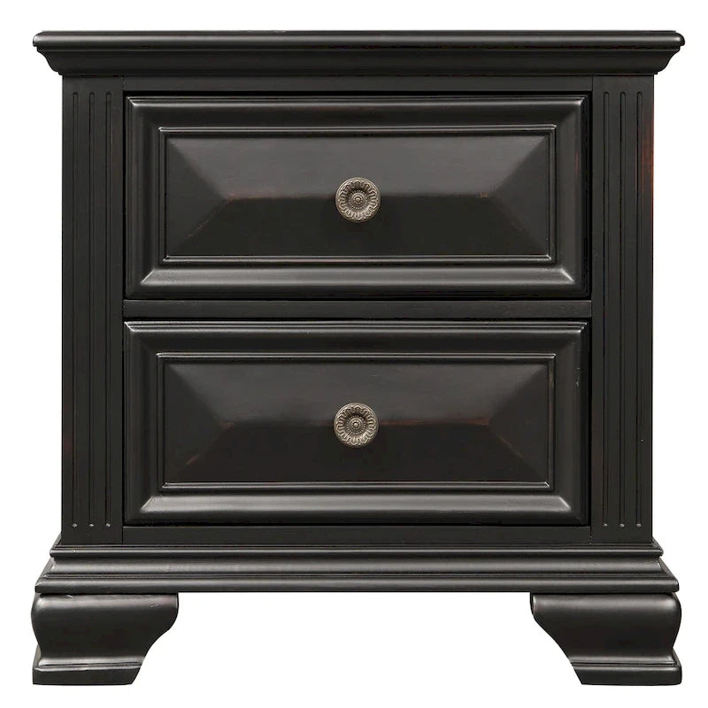 Roundhill Furniture Renova Vintage Black Wood Bedroom Set, Panel Bed, Dresser, Mirror, Two Nightstands