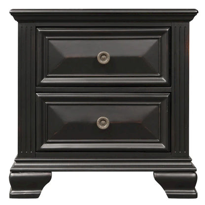 Roundhill Furniture Renova Vintage Black Wood Bedroom Set, Panel Bed, Dresser, Mirror, Two Nightstands