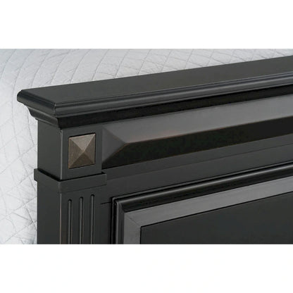Roundhill Furniture Renova Vintage Black Wood Bedroom Set, Panel Bed, Dresser, Mirror, Two Nightstands