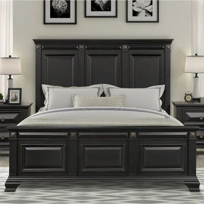 Roundhill Furniture Renova Vintage Black Wood Bedroom Set, Panel Bed, Dresser, Mirror, Two Nightstands