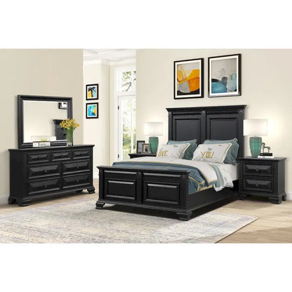 Roundhill Furniture Renova Vintage Black Wood Bedroom Set, Panel Bed, Dresser, Mirror, Two Nightstands