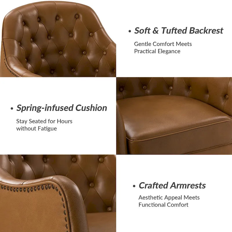 Melisa Classic Genuine Leather Wood Legs Barrel Chair With Tufted Back By HULALA HOME
