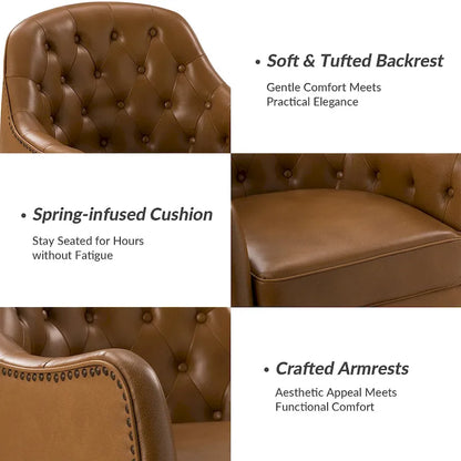 Melisa Classic Genuine Leather Wood Legs Barrel Chair With Tufted Back By HULALA HOME