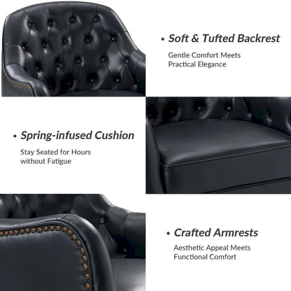 Melisa Classic Genuine Leather Wood Legs Barrel Chair With Tufted Back By HULALA HOME