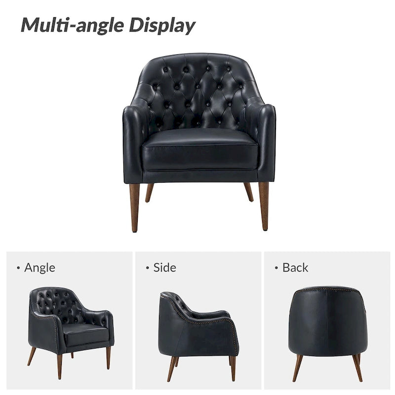 Melisa Classic Genuine Leather Wood Legs Barrel Chair With Tufted Back By HULALA HOME