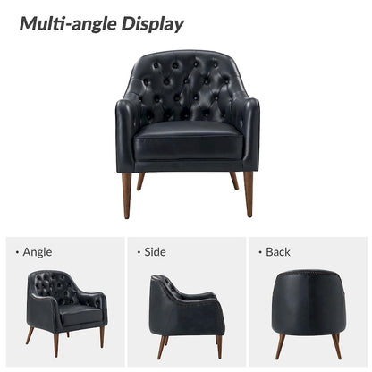 Melisa Classic Genuine Leather Wood Legs Barrel Chair With Tufted Back By HULALA HOME