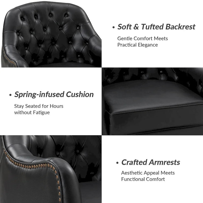 Melisa Classic Genuine Leather Wood Legs Barrel Chair With Tufted Back By HULALA HOME