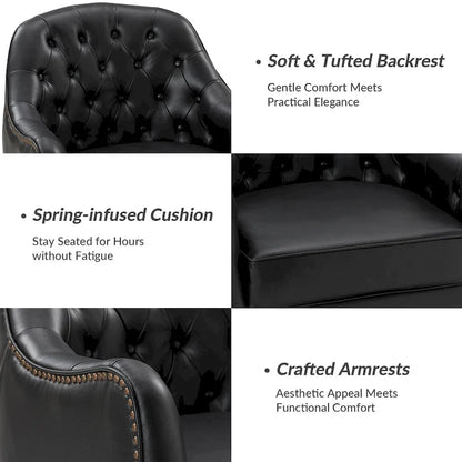 Melisa Classic Genuine Leather Wood Legs Barrel Chair With Tufted Back By HULALA HOME