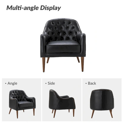 Melisa Classic Genuine Leather Wood Legs Barrel Chair With Tufted Back By HULALA HOME