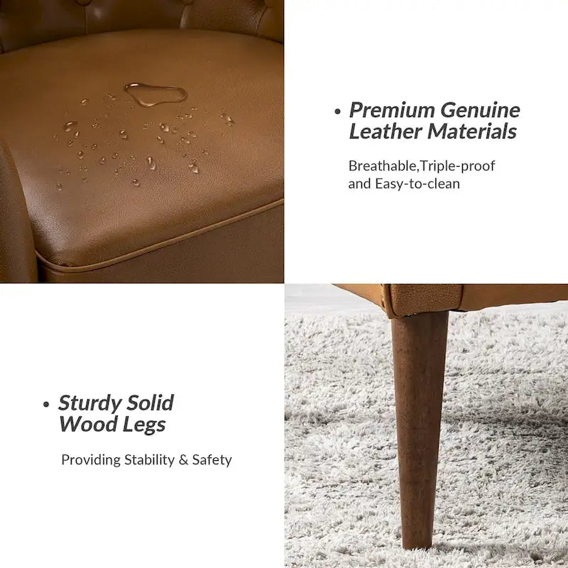 Melisa Classic Genuine Leather Wood Legs Barrel Chair With Tufted Back By HULALA HOME