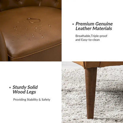 Melisa Classic Genuine Leather Wood Legs Barrel Chair With Tufted Back By HULALA HOME