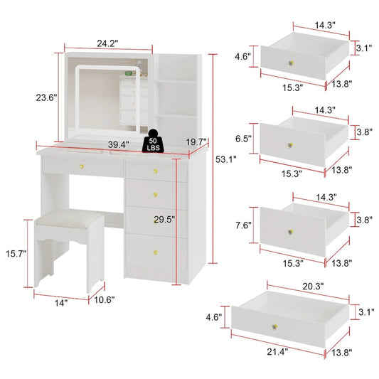 Vanity Desk Makeup Table Sliding Lighted Dressing Table Glass Top