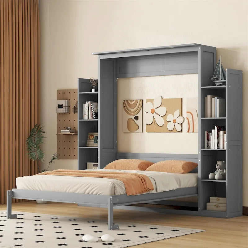 Merax Queen Size Murphy Bed Wall Bed with Shelves and LED Lights