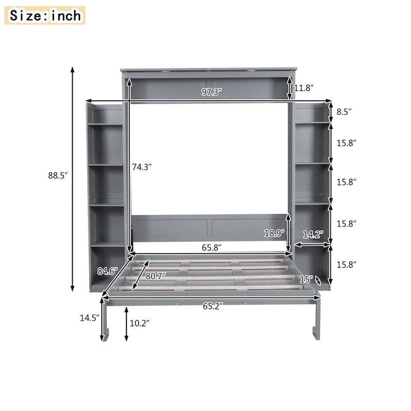 Merax Queen Size Murphy Bed Wall Bed with Shelves and LED Lights